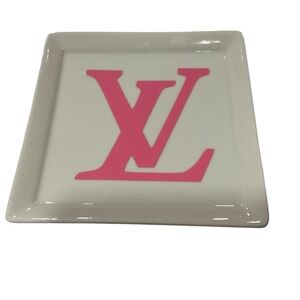 Cost Plus World Market White And Pink Square Dish with Louis Vuitton brand logo